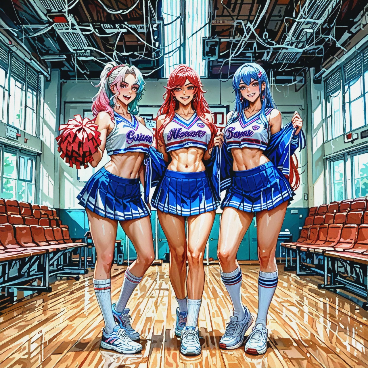 cheerleader, school gym , long hair, dyed hair,  (full_body) foot, (undressing) long socks, many girls, (caught)  (medium_breasts) (teamwork) (bisexual_female)  , sneakers, ,  (naughty_face) (selfiemirror) (standing)