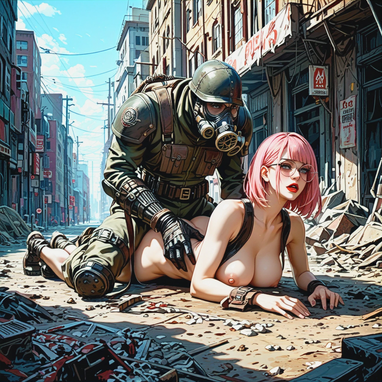 Post apocalyptic ruined city, girl with cute face, straight long pink hair, red lipstick, round eyeglasses, big breasts, teen, skinny body, grey eye, Stalker, stalker clothes, full body, gasmask, Chernobyl Exclusion Zone, sex, prone position, man fuck her in pussy, massive cock,