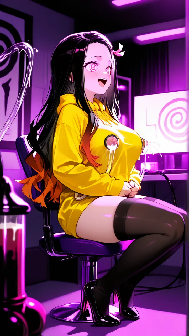 Nezuko kamado,high heels,stockings,yellow hoodie, lactating,milking machine,in gaming room,laughing,tied hands,dildo,glowing red eyes,spiral in eyes