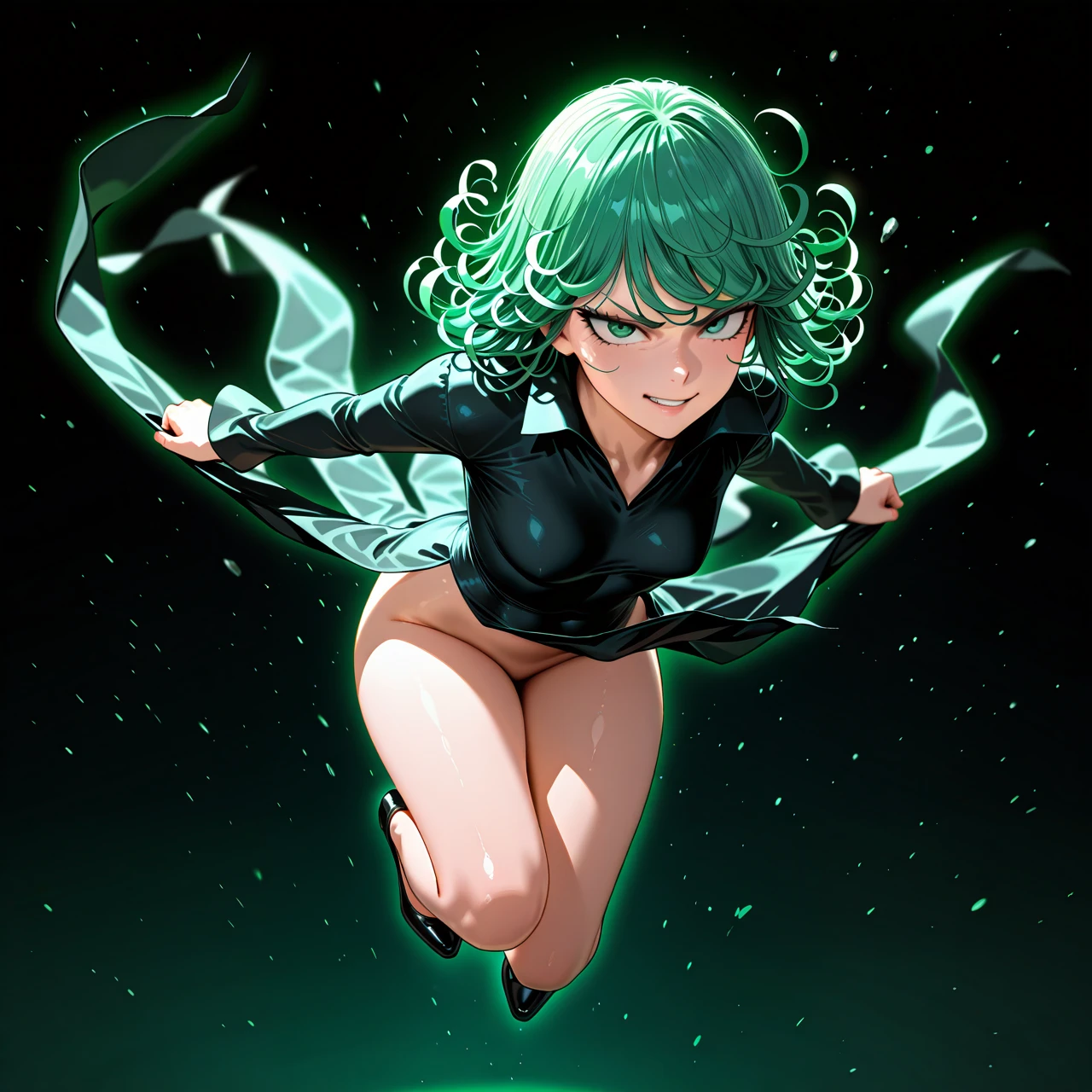 @tatsumaki, 1 girl, , , hyper-realistic, realistic faces, realistic eyes, very detailed, high resolution, extreme detail, , detailed face, full body foto, (evil_smile), (v-shaped_eyebrows)  levitation, (angry) no panties, flying, (skirt_lift)