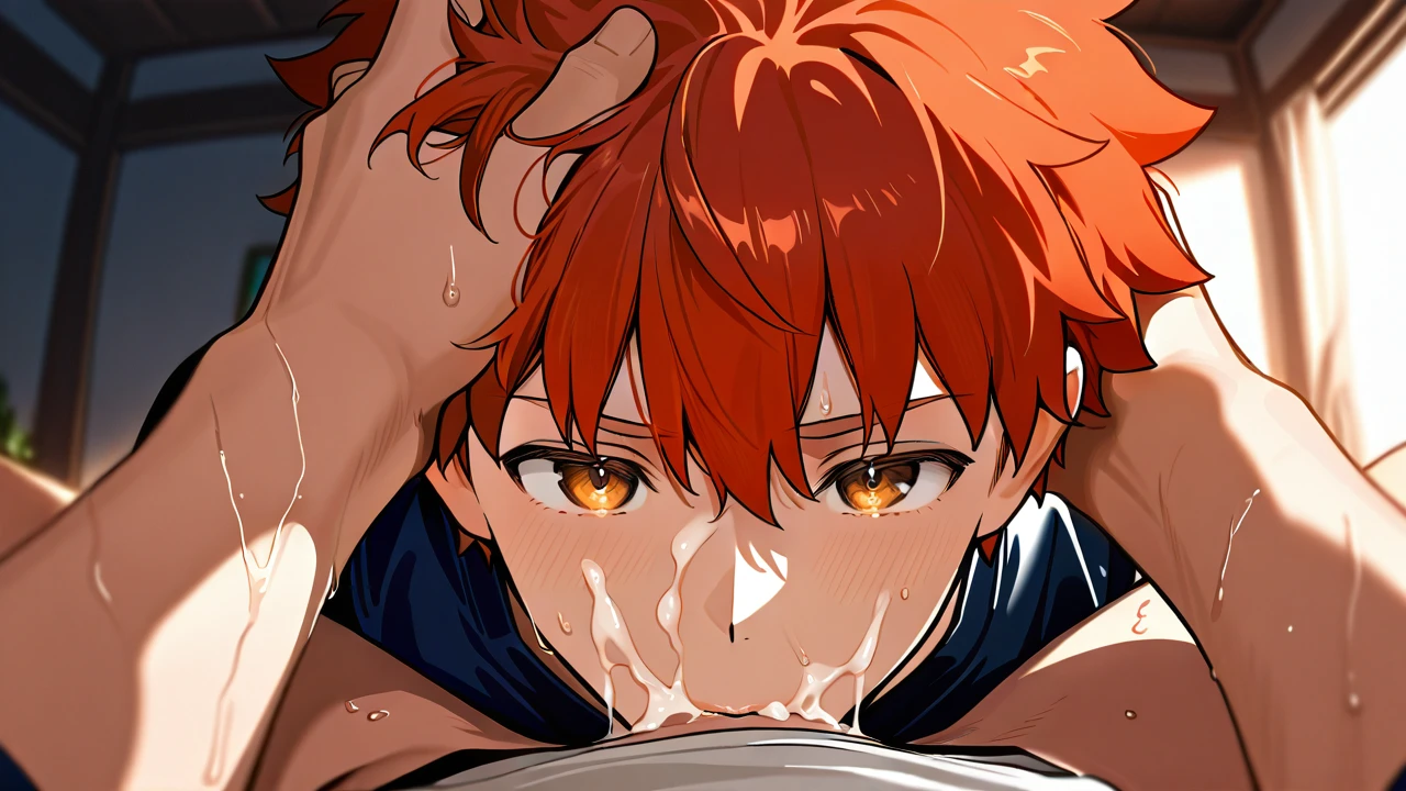 @emiya_shirou (put_hand_on_head) @fujimaru_ritsuka (full_body) (with_face) (gay) (blowjob) (cum_in_mouth)