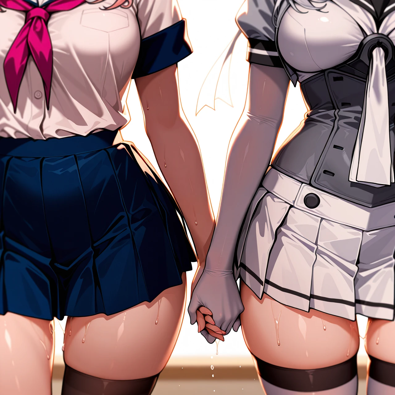 @suzutsuki @sasaki_saku  (take_your_pick) (holding_hands) Day. They are dressed, stockings white, skirts. (ahegao)