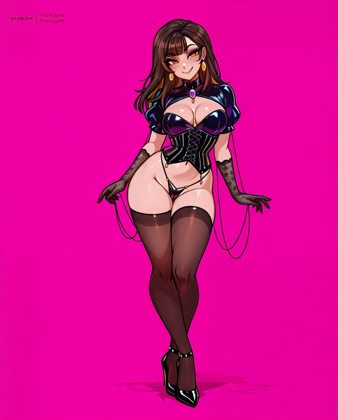 @meruccubus , pink background, (smile), brown hair, (standing) , (full_body) , (makeup) , Transparent lace, open-front corset, micro thong, satin garters, thigh-high stockings, silk gloves, gemstone chains, stiletto heels.