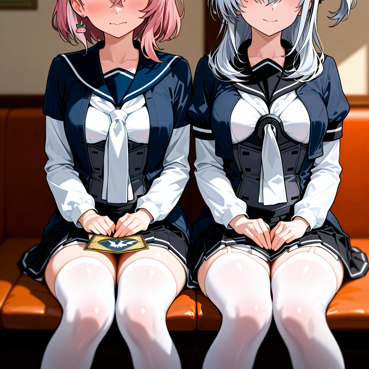 @suzutsuki (butterfly_sitting) @sasaki_saku (butterfly_sitting) Normal Room  Cards in hand. Day. They are dressed in school uniforms, stockings, skirts