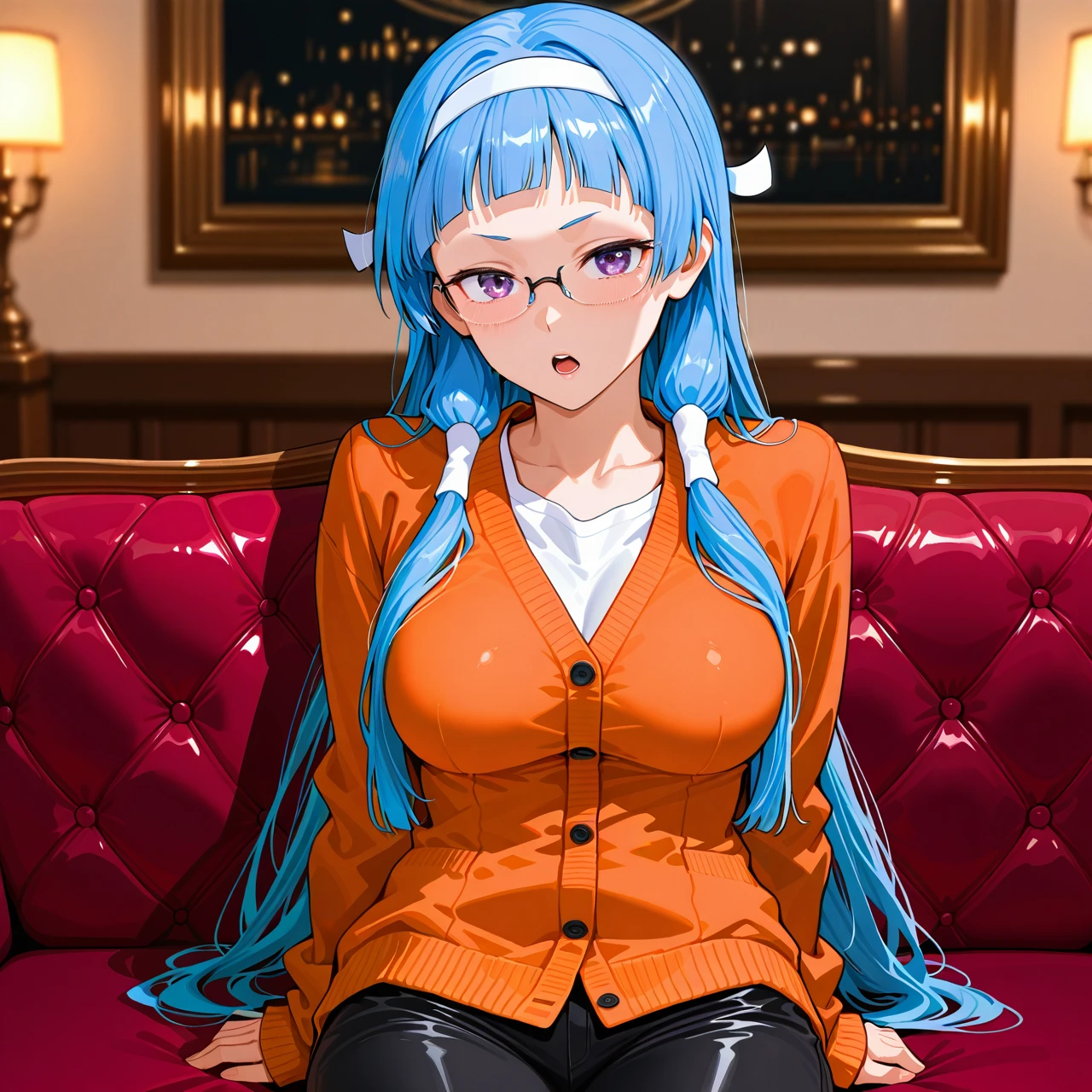 (girl,@nagi,medium_breasts,Demi_color_Glasses ,open_mouth,cardigan,lonngskirt),break,[girl,large_breasts,cropped_jacket,denimu_pants] ,Sit and relax on an antique sofa in the cafeteria.