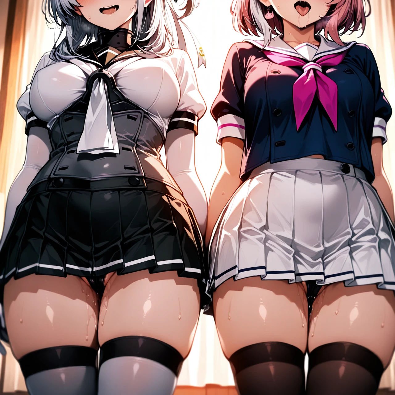 @suzutsuki @sasaki_saku   (bisexual_female) Day. They are dressed, stockings white, skirts. (ahegao)