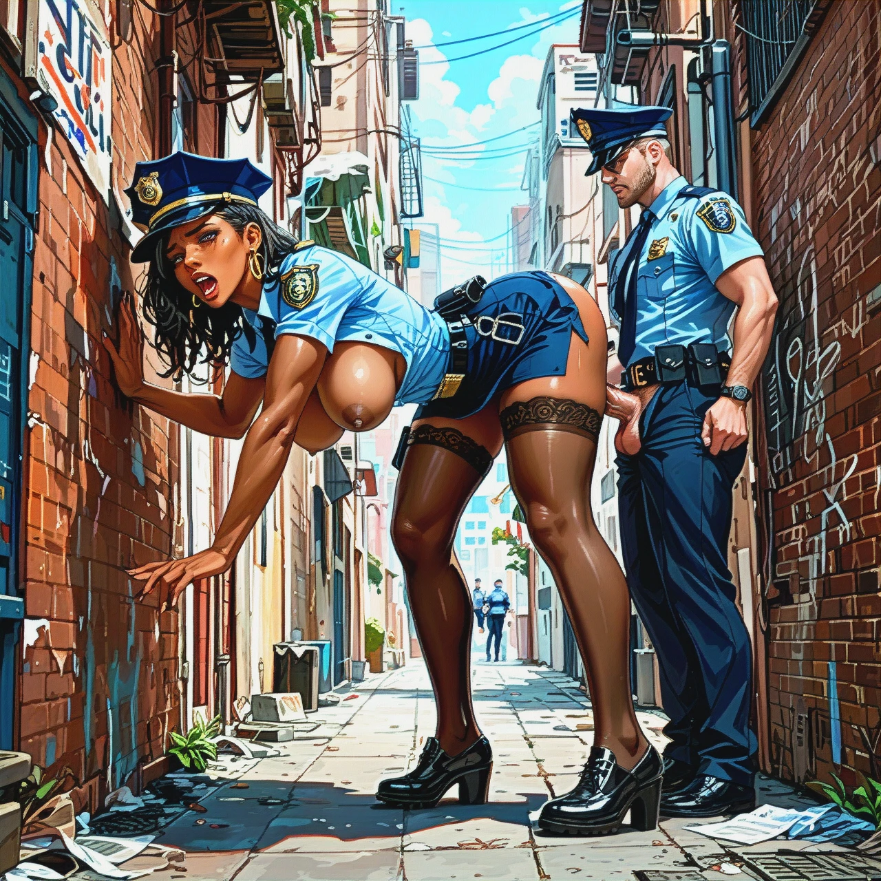 young african policewoman, dark skin, police uniform (full_body) (areolae) ,  (fucked_silly)  (medium_breasts) foot, (sex) shirt, skirt, stockings, (bent_over) alley, holds by hair