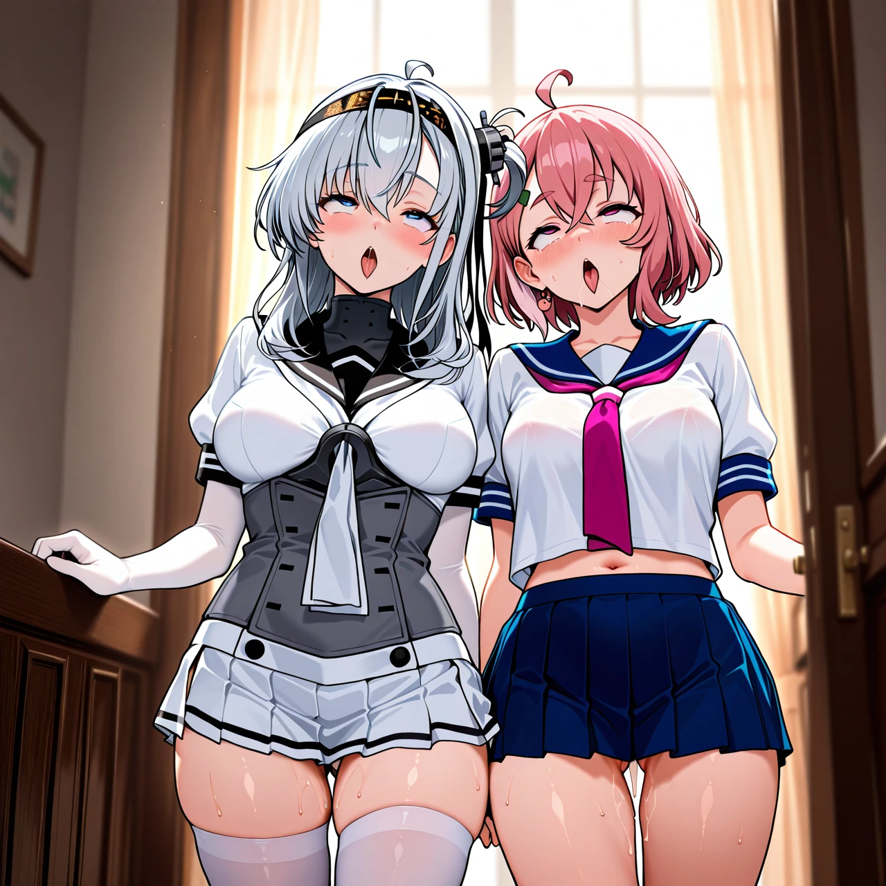 @suzutsuki (take_your_pick) @sasaki_saku  (take_your_pick) Day. They are dressed, stockings white, skirts. (ahegao)