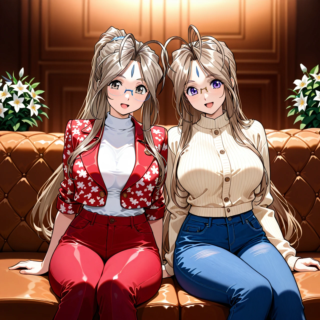 Sit and relax on an antique sofa in the cafeteria,(@nagi,medium_breasts,Demi_color_Glasses ,open_mouth,cardigan,flower_pattern_lonngskirt),break,(@belldandy,large_breasts,cropped_jacket,denimu_pants).