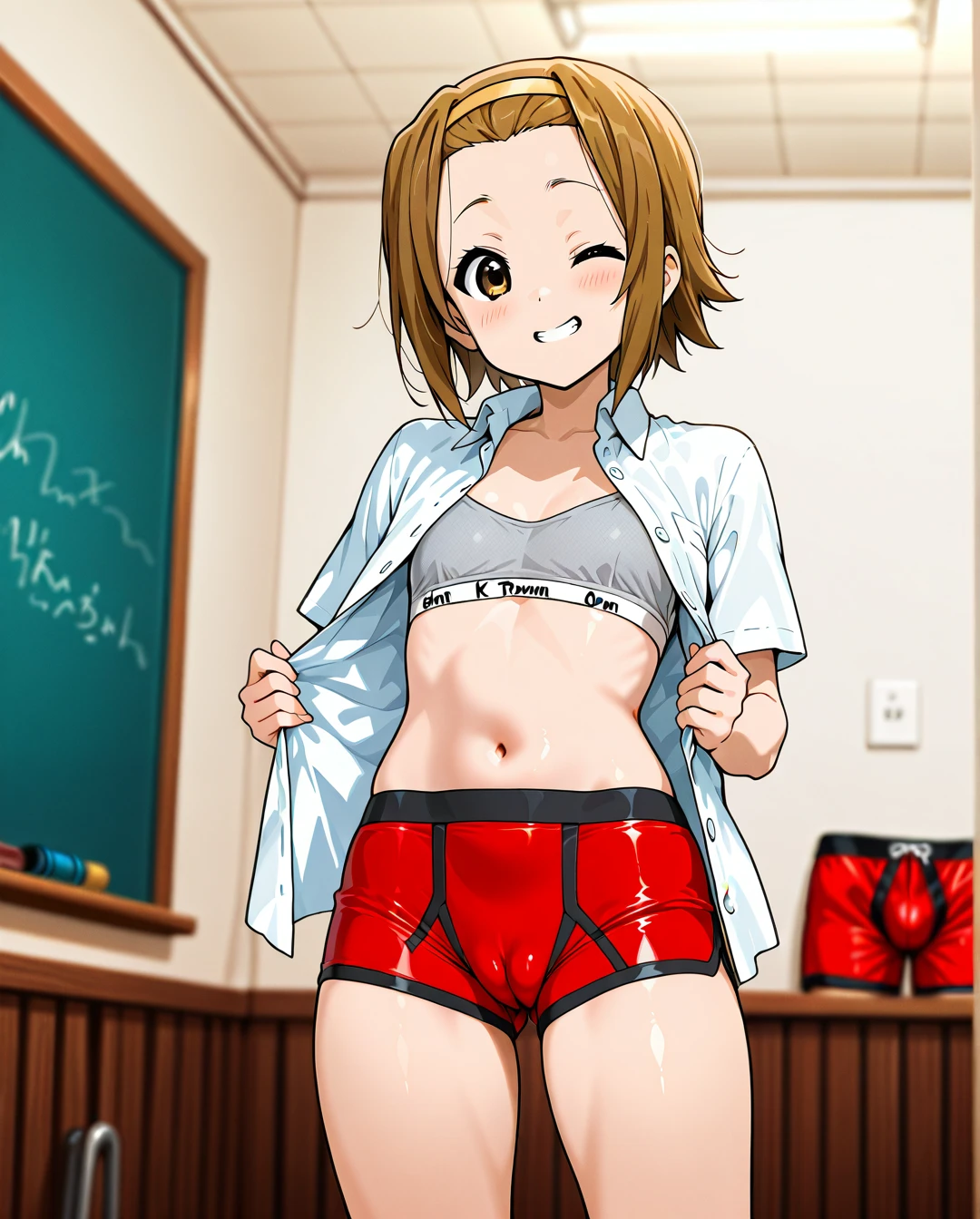 (ritsu tainaka from k-on, tomboy drummer girl, standing, front-view), (school uniform shirt unbuttoned), (flat chest, grey bra:1.2), (red boxer briefs, cameltoe:1.2), (grinning mischievously, winking:1.2), vibrant colors, cartoon style, music room background