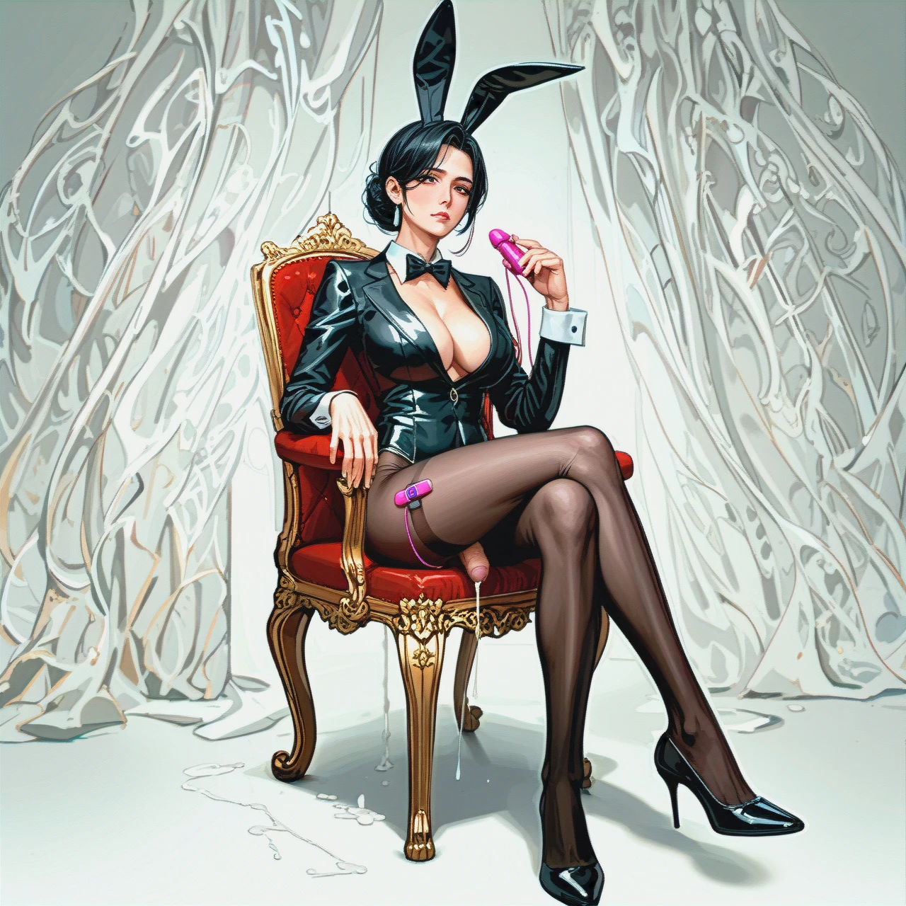 completely feminized man , Milf , Milf , Milf hair Black hair , expressionless face , Perfect female figure , Long and slender legs , macromastia , bunny suit , Black tights Pantyhose , (futanari) , big testicle , foreskin penis , large penis that is limp and weak , impotence penis , flaccid penis , Penile ejaculation of semen , (crossed_legs) , solo , (full_body) , Normal hands , slim ,  Black as the main tone and white as the sub tone bunny suit , vibrator on penis