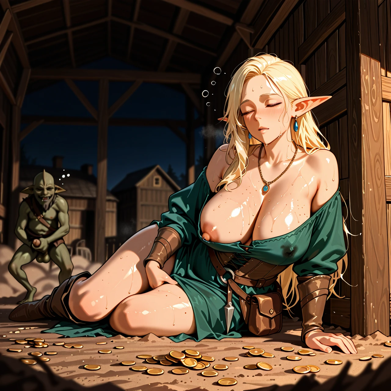 Elf ,goblin traveller,peasant house,sweat drops, peasant simple clothes,(unconscious), (drunk) (nipple_slip) ,oil painted style, (mature_female) , medieval, barn, haylofts , long necklace, earrings, pouch of  coins, ordinary appearance , nasty, dust skin, dirt, (male_masturbation) , dick, night