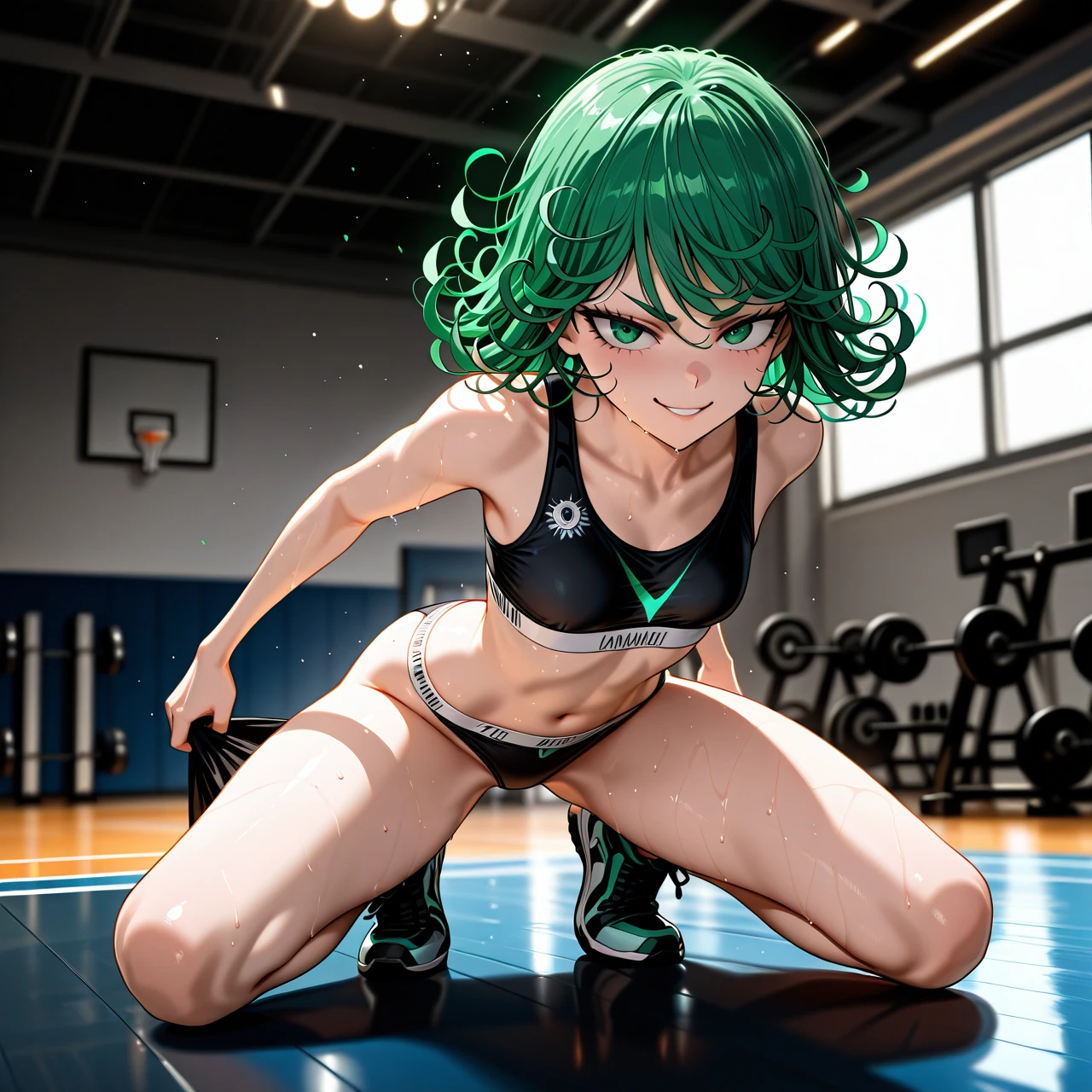 @tatsumaki , (sports_bra) , sports_panties , hyper-realistic, realistic faces, realistic eyes, very detailed, high resolution, extreme detail, (skinny) slim, detailed face, full body foto, (evil_smile), (v-shaped_eyebrows), in gym, (undressing)