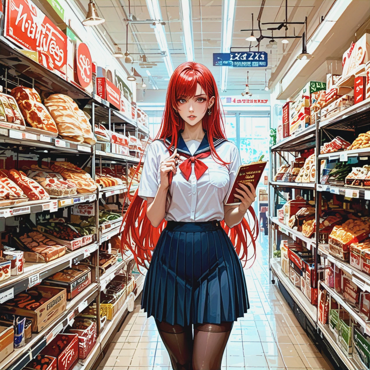 1girl, futa, huge dick, shop, choosing food, school uniform, red hair, very long hair