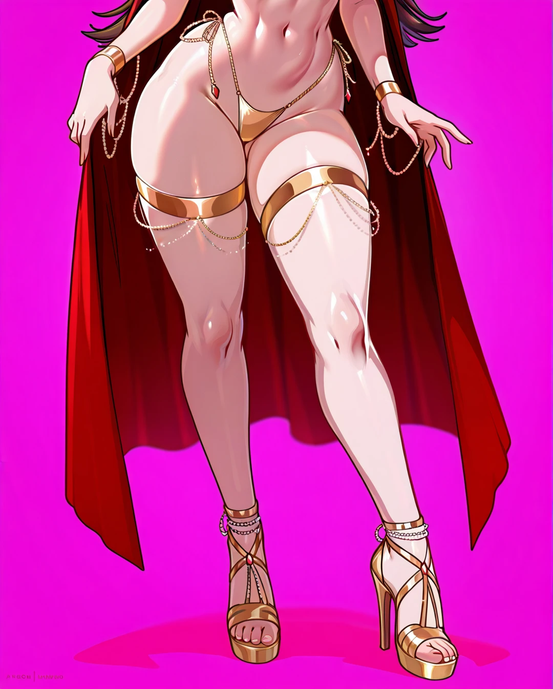 @meruccubus , pink background, (smile), brown hair, (standing) , Golden chains, jewel pasties, high-cut thong, sheer silk cape, thigh garters, strappy gladiator heels, delicate draping beads , long legs, (full_body)