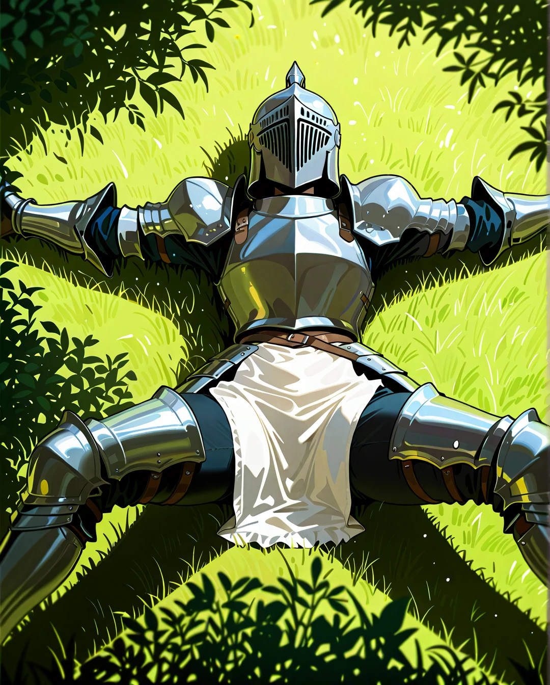 best quality, masterpiece, detailed , 1girl, knight's helmet, white apron, knight's armor, lying on the grass, lying on his back, legs spread wide, stretching his arms towards the viewer, simple animation, source anime, outline, from above, focus on legs, focus on feet