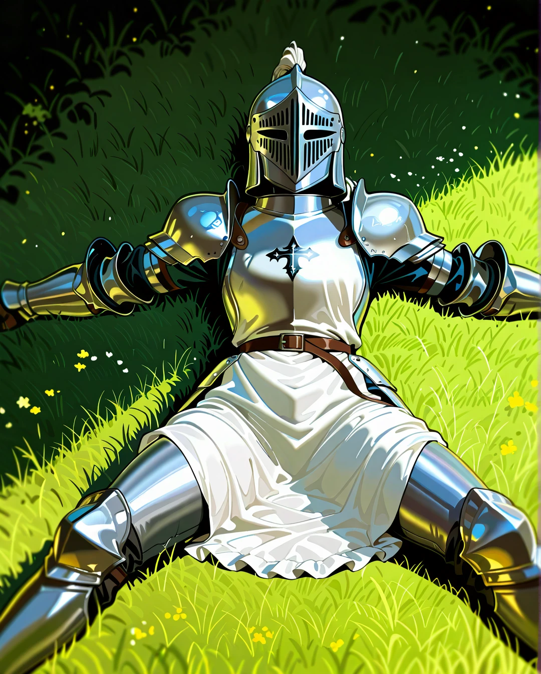 best quality, masterpiece, detailed , 1girl, knight's helmet, white apron, knight's armor, lying on the grass, lying on his back, legs spread wide, stretching his arms towards the viewer, simple animation, source anime, outline, from above, focus on legs, focus on feet