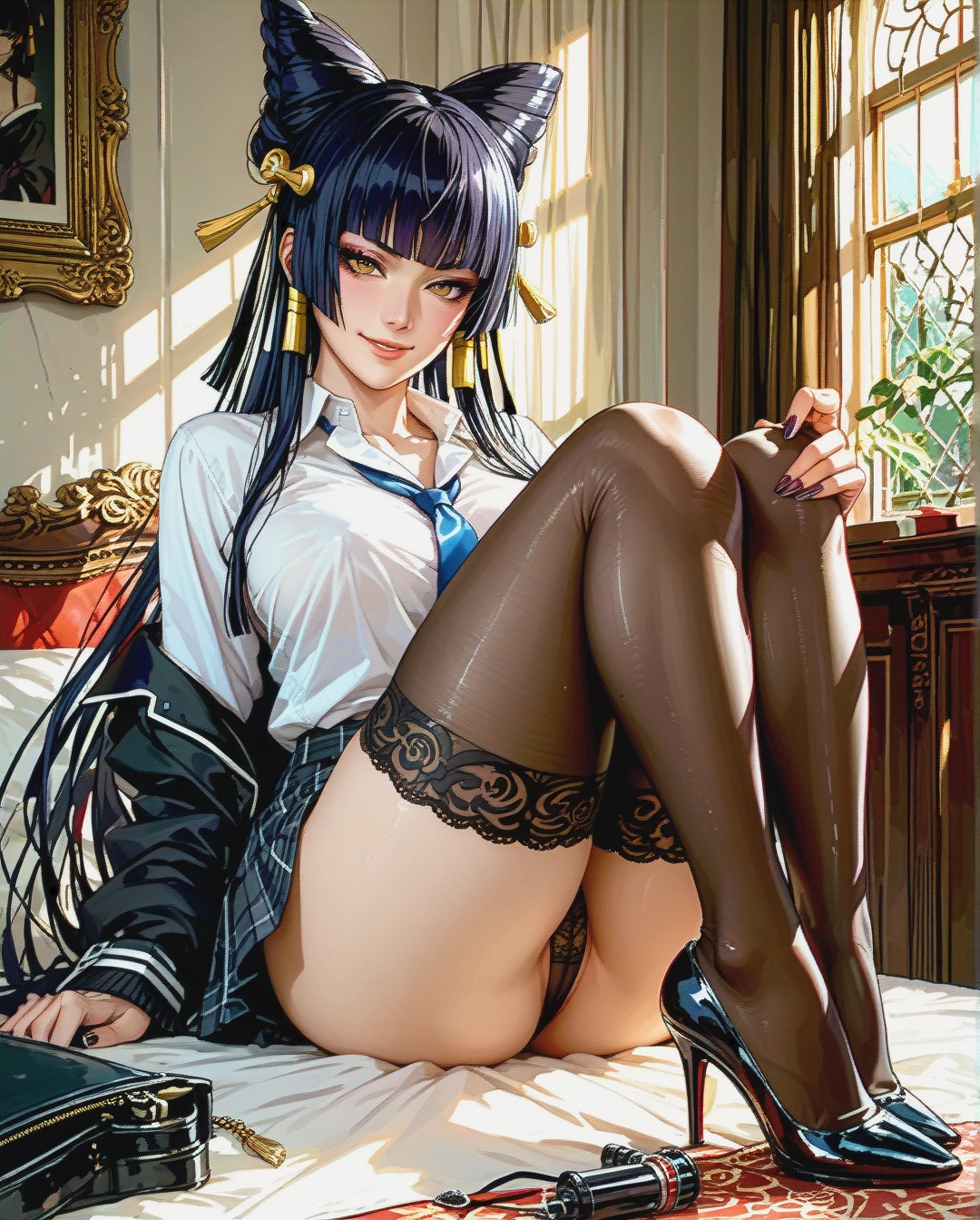 (schoolgirl), (naughty_face), (stockings), (heels),  panties, smiling look at camera,  @nyotengu, bodystockings