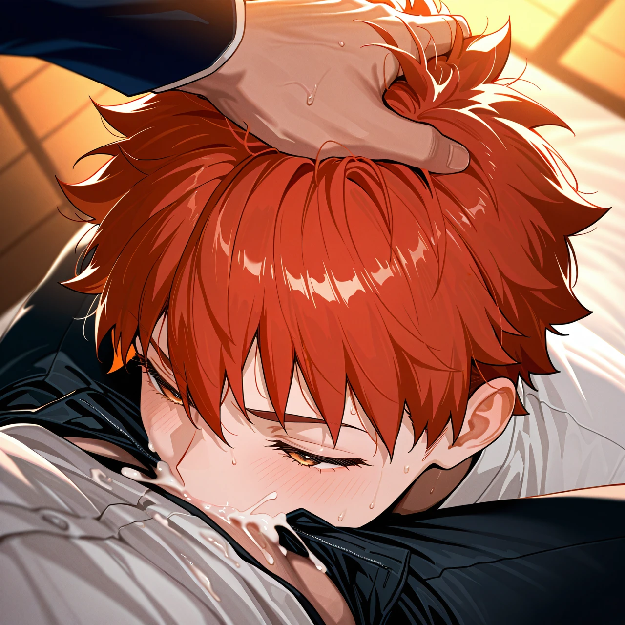 @emiya_shirou @fujimaru_ritsuka (yaoi) (gay) (blowjob) (cum_in_mouth) (put_hand_on_head) (deepthroat)