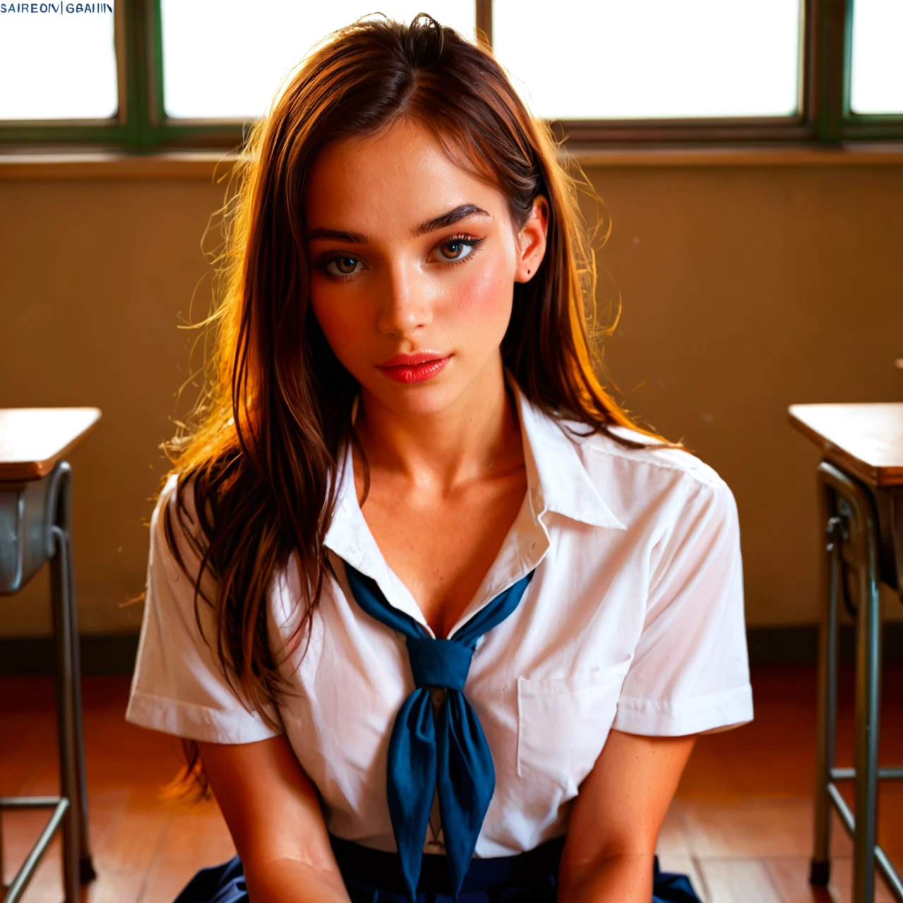 (sitting_on_face), skinny, school, school uniform, skirt