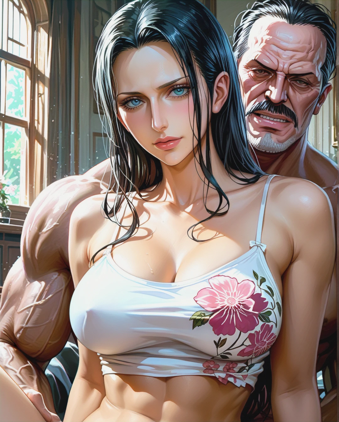 Nico Robin, mature, attack on Titan, sex sex penetrated oldman,,High Real Realistic Realistic, medium breast, Black hair,crop top white camisole,pink floral