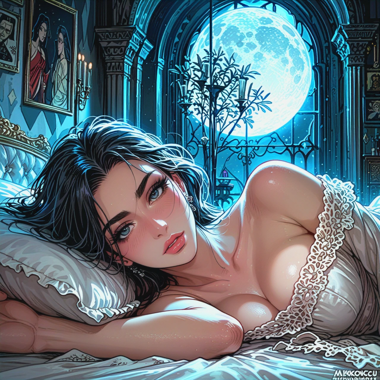 in the dark castle minus the procedural royal apartment, a large kingsize four-poster luxury black bed, the full moon appears from the window, late at night, a beautiful young woman with pale skin and black hair lying on her stomach in bed, her legs lying apart, panting,