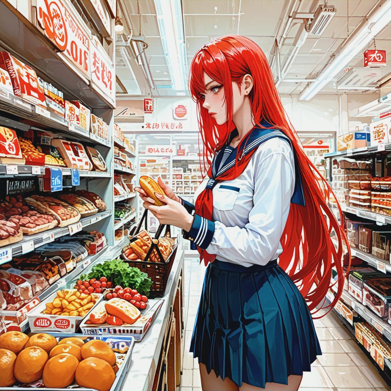 1girl, futa, huge dick, shop, choosing food, school uniform, red hair, very long hair, (futanari)