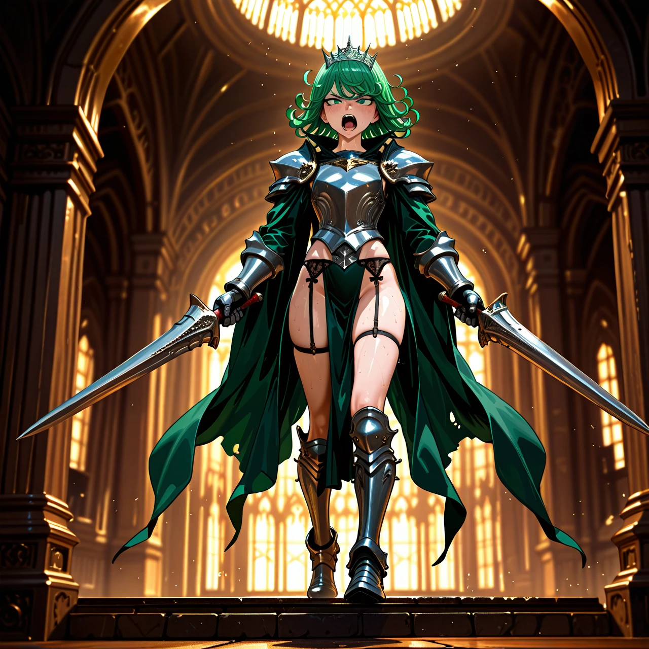 @tatsumaki ,  , in castle , nude ,in fantasy armour, hyper-realistic, realistic faces, realistic eyes, very detailed, high resolution, extreme detail, (skinny) slim, detailed face, full body foto, (angry), (screaming), sweating,  Knight's Armor, The tiara, the armored lifter, knight's greaves, iron gloves, iron thongs, The long green cloak, open stomach, high iron boots, (dual_wielding) garter belt, the iron corset, (breastplate)