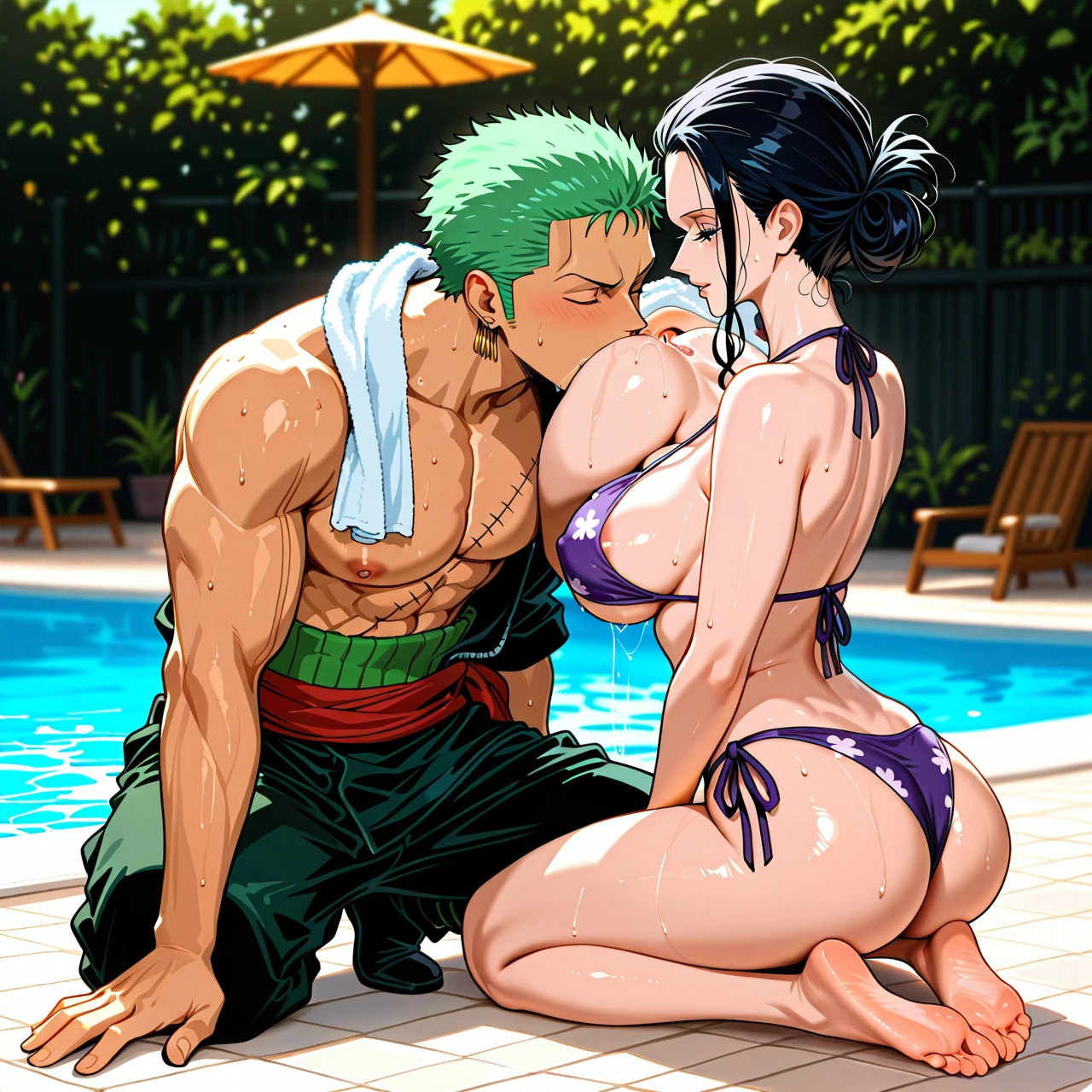 sole male, sole female, (kneeling) , poolside, bikini,, pulled back hairstyle, (mature_female) , smelling, towel, (nipple_slip) , @nico_robin , (anilingus) , precum, @roronoa_zoro , full body, zoro smiling