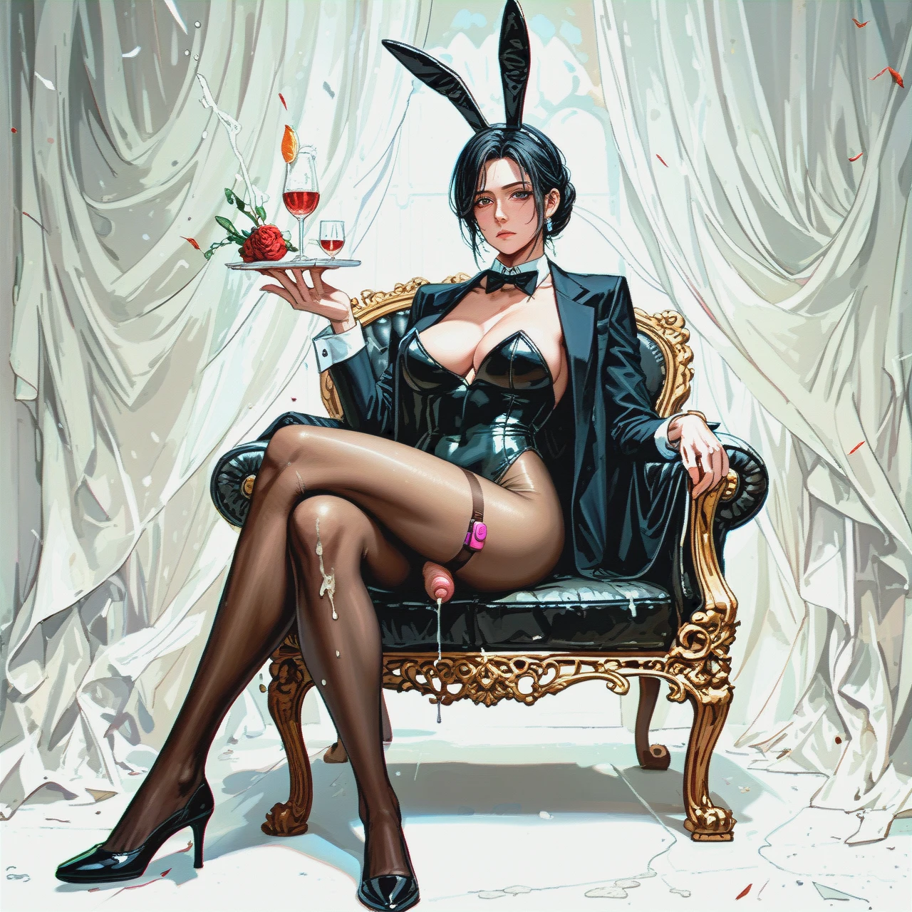 completely feminized man , Milf , Milf , Milf hair Black hair , expressionless face , Perfect female figure , Long and slender legs , macromastia , bunny suit , Black tights Pantyhose , (futanari) , big testicle , foreskin penis , large penis that is limp and weak , impotence penis , flaccid penis , Penile ejaculation of semen , (crossed_legs) , solo , (full_body) , Normal hands , slim ,  Black as the main tone and white as the sub tone bunny suit , vibrator on penis