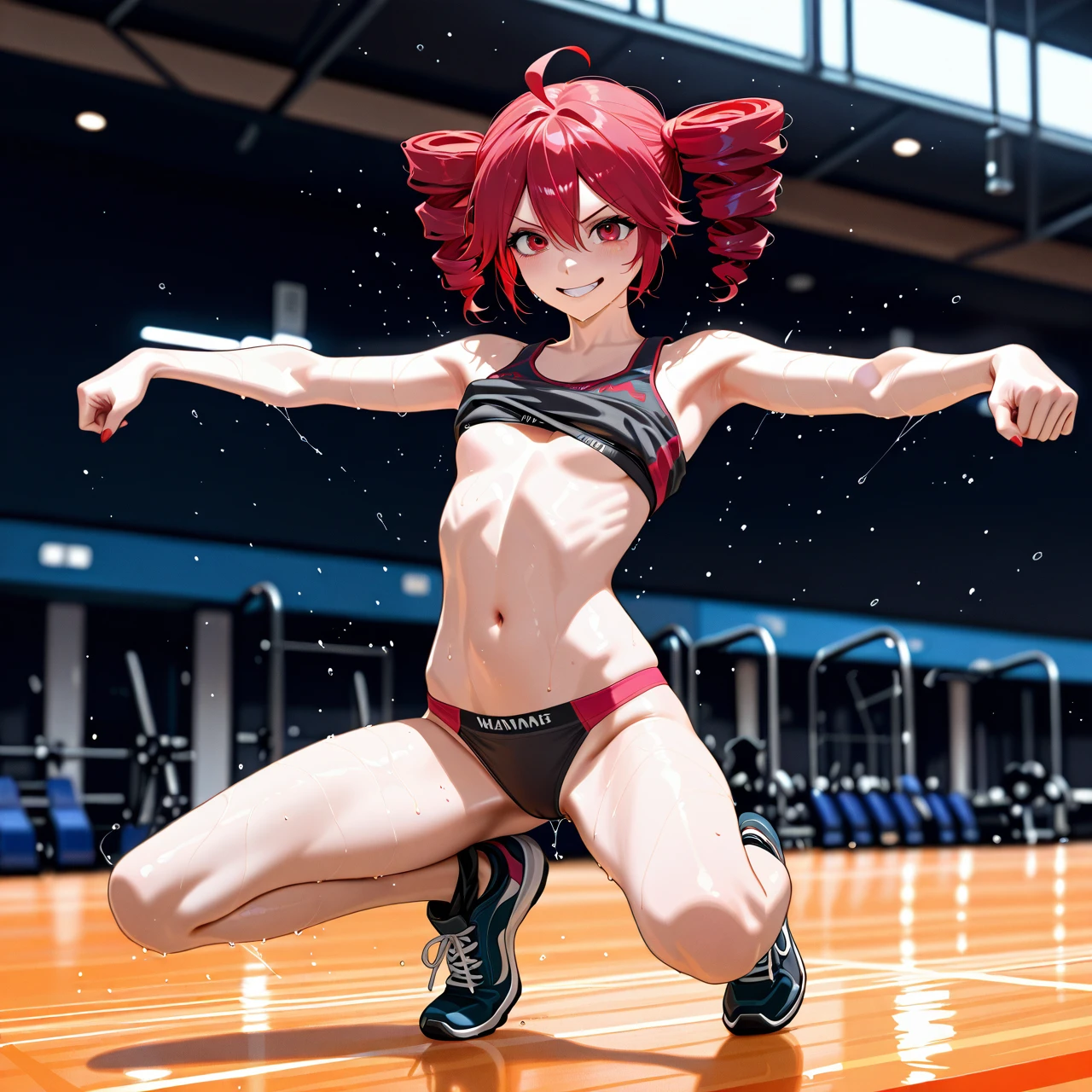 @kasane_teto , (sports_bra) ,  , hyper-realistic, realistic faces, realistic eyes, very detailed, high resolution, extreme detail, (skinny) slim, detailed face, full body foto, (evil_smile), (v-shaped_eyebrows), (jumping) in gym, (bra_lift) (arms_up) leg panties around ankles