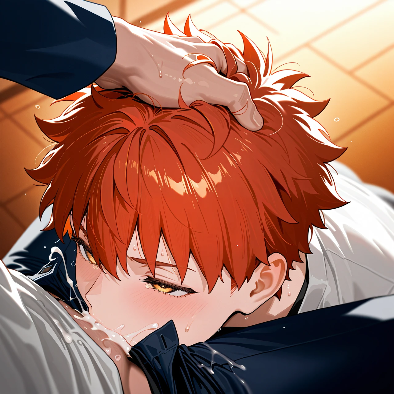 @fujimaru_ritsuka @emiya_shirou (yaoi) (gay) (blowjob) (cum_in_mouth) (put_hand_on_head) (deepthroat)