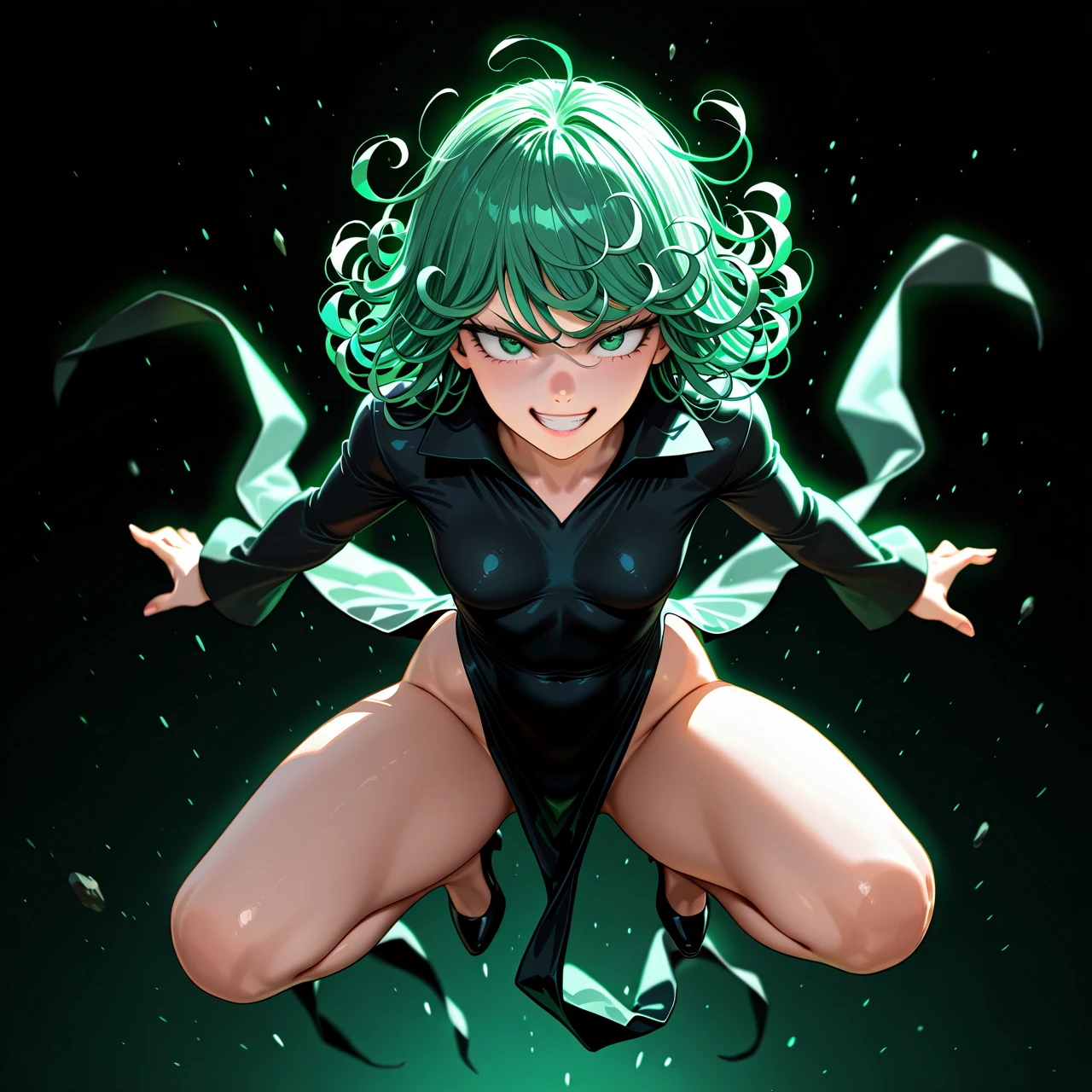 @tatsumaki, 1 girl, , , hyper-realistic, realistic faces, realistic eyes, very detailed, high resolution, extreme detail, , detailed face, full body foto, (evil_smile), (v-shaped_eyebrows) (from_below) (jumping) (angry) no panties, (presenting)