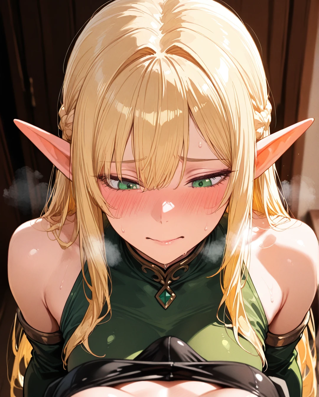 2 girls, elf, blonde hair, green eyes, slim, (embarrassed), (heavy_breathing), (futa_with_futa), (frottage)