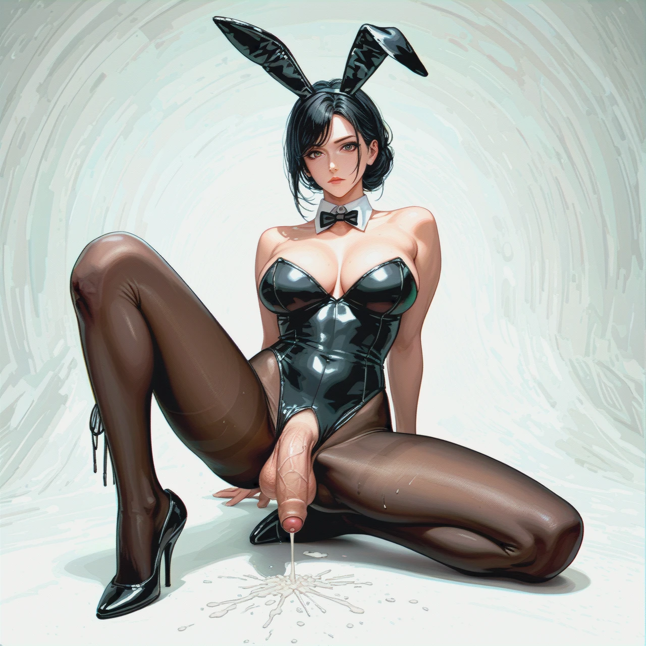 completely feminized man , Milf , Milf , Milf hair Black hair , expressionless face , Perfect female figure , Long and slender legs , macromastia , bunny suit , Black tights Pantyhose , (futanari) , big testicle , foreskin penis , large penis that is limp and weak , impotence penis , flaccid penis , Penile ejaculation of semen , (leg_lift) , solo , (full_body) , Normal hands , slim ,  Black as the main tone and white as the sub tone bunny suit ,