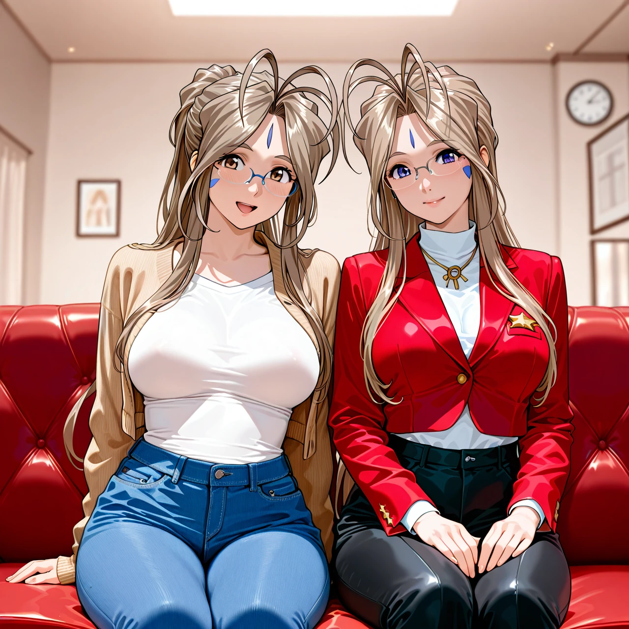 (1_girl,@nagi,medium_breasts,Demi_color_Glasses ,open_mouth,cardigan,lonngskirt),break,(2_girl,@belldandy,large_breasts,cropped_jacket,denimu_pants),Sit and relax on an antique sofa in the cafeteria.