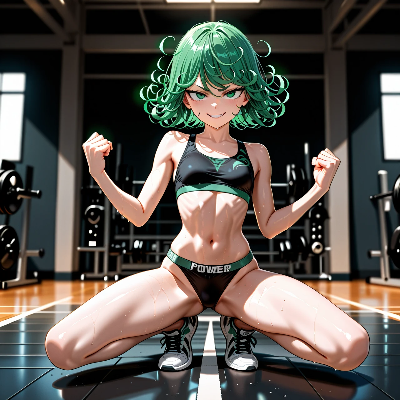 @tatsumaki , (sports_bra) , sports_panties , hyper-realistic, realistic faces, realistic eyes, very detailed, high resolution, extreme detail, (skinny) slim, detailed face, full body foto, (evil_smile), (v-shaped_eyebrows), in gym, (power_fist) (jumping)