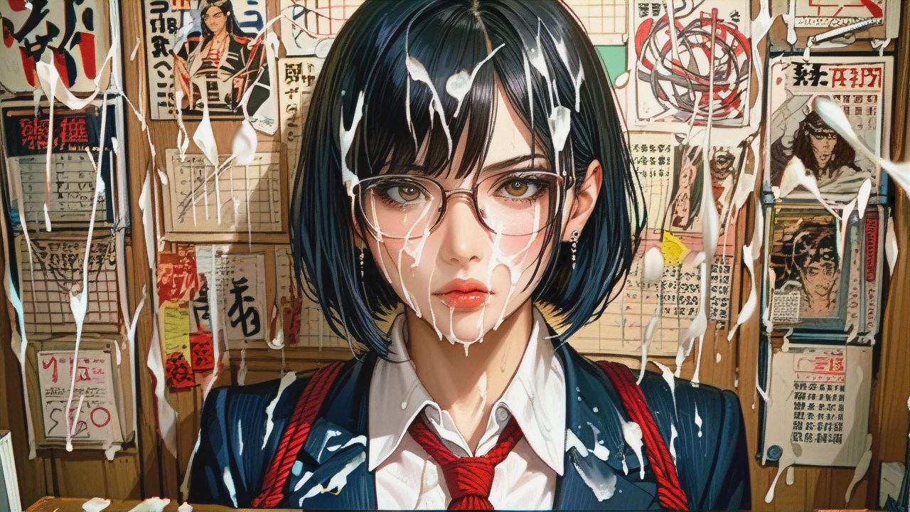 1 girl, Japanese, bob haircut, glasses, teacher costume, tied shibari, covered in (bukkake)