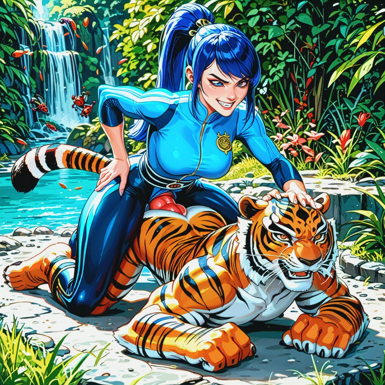 tigress from kung fu panda, Marinette dupain-cheng from miraculous ladybug. (tigress, smiling, futanari, canine penis), Marinette fucked tigress, anal, doggystile, (Marinette , dark-blue-hair, female, angry)