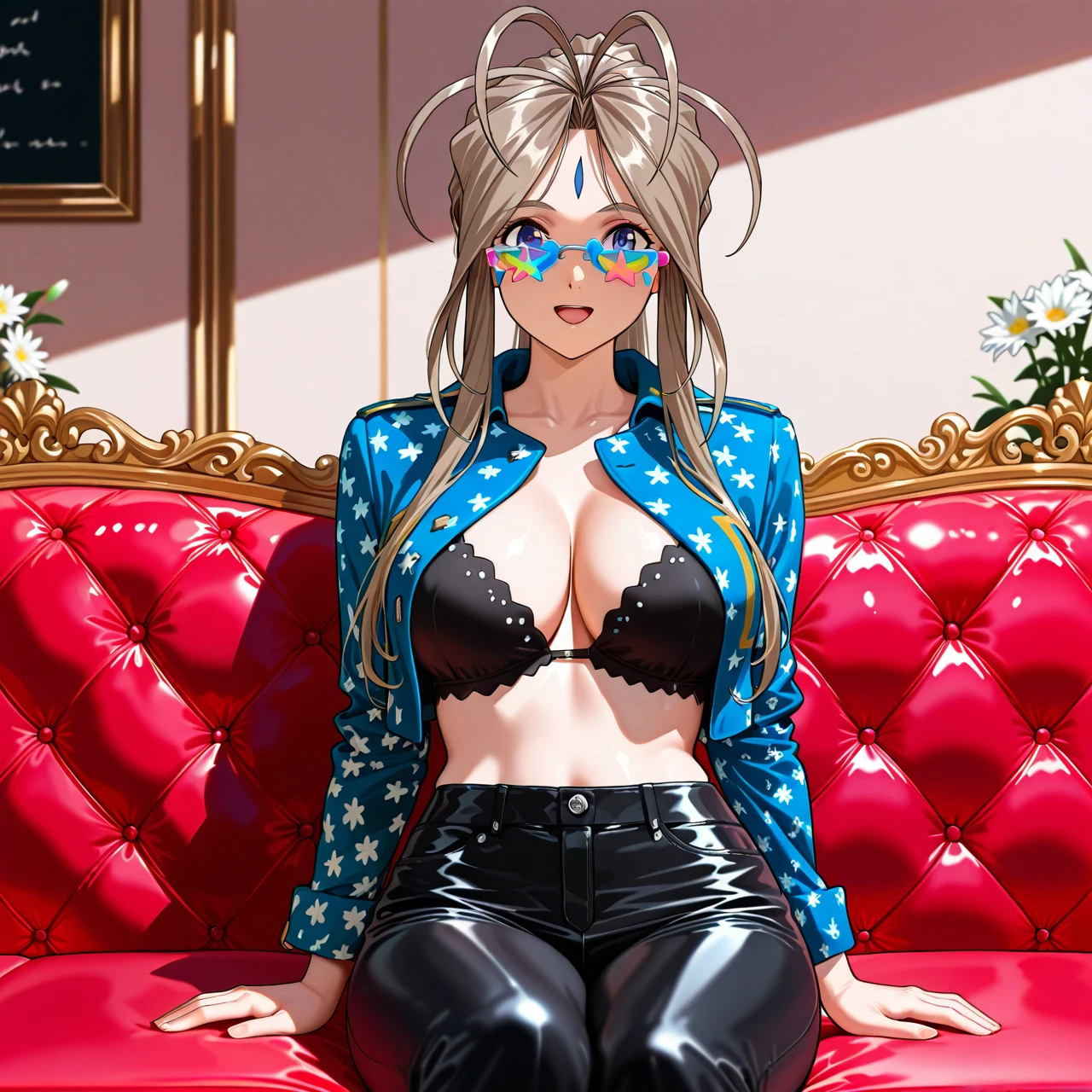 Sit and relax on an antique sofa in the cafeteria,(1_girl,@nagi,medium_breasts,Demi_color_Glasses ,open_mouth,cardigan,flower_pattern_lonngskirt),break,(2_girl,@belldandy,large_breasts,cropped_jacket,denimu_pants).