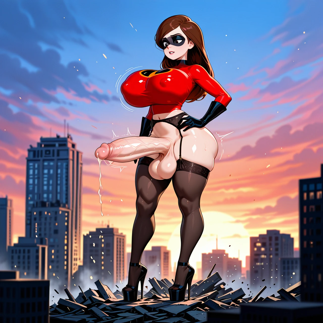 @helen_parr (giant), high platform heels,high  socks, gigantic breats,city,futanari,breast expansion, big penis,, thick thighs, Building sex, building penetration, building destruction, garter belt, (curvy),