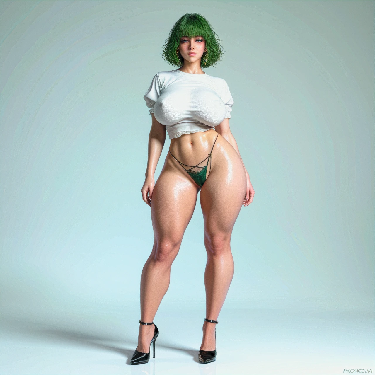 1girl, green bob hair, wide hips, (huge_breasts), panties, (hands_on_hips), full length, 3D