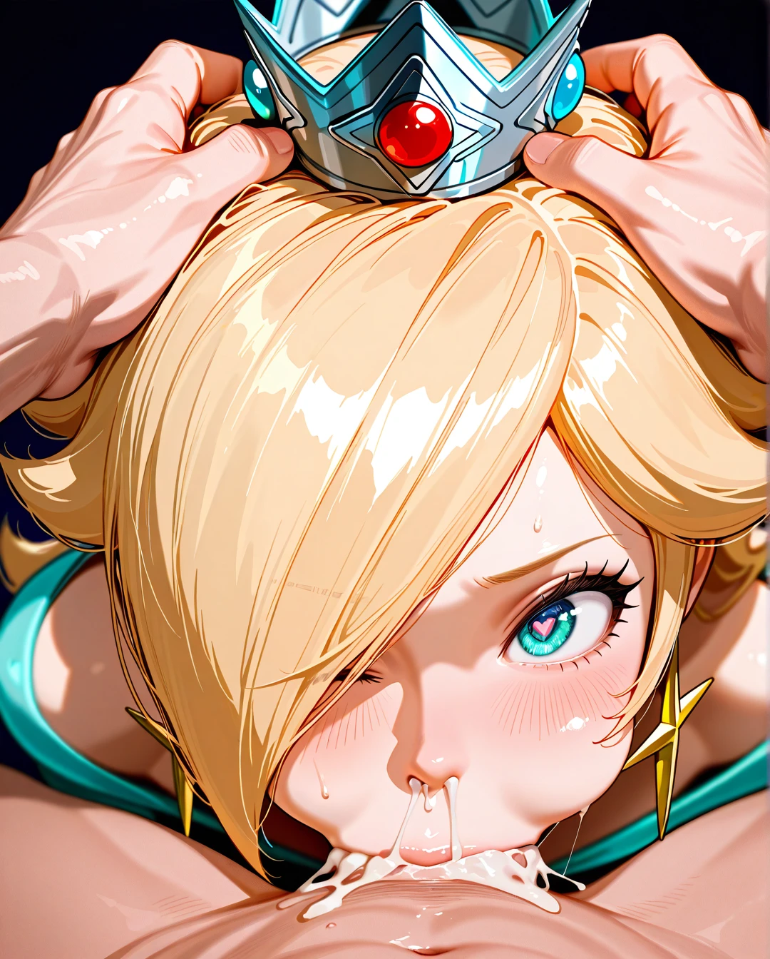 @rosalina , (one eye half closed), deepthroat, pov, cum overflow in her mouth, dick, man pushing her head for a deep deepthroat, shocked, puffy cheeks, cum dripping from his nose, pounding movement, lots of color, colorful, hands on head pushing it into crotch, (one eye almost closed), heart eyes