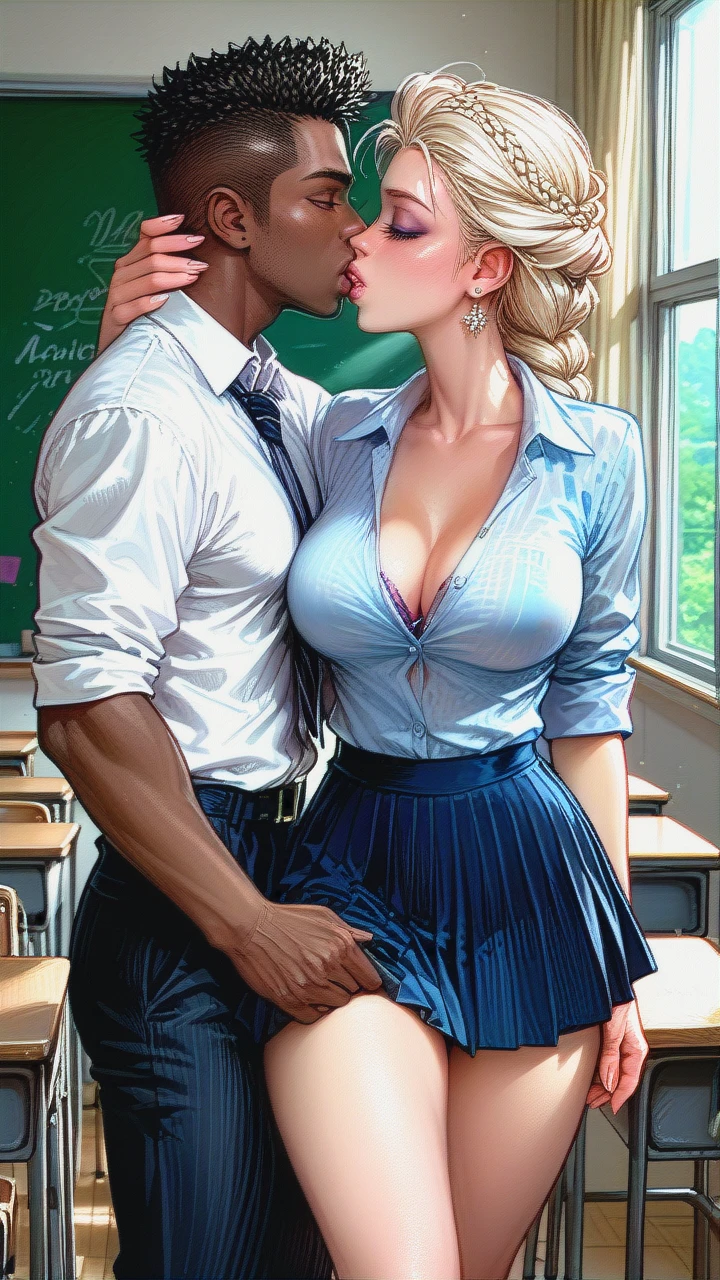 Elsa, braid, beautiful eyes, busty, cleavage, school uniform, button shirt, skirt, thighs, classroom, kissing her black boyfriend, white female with Black male, dark skinned male