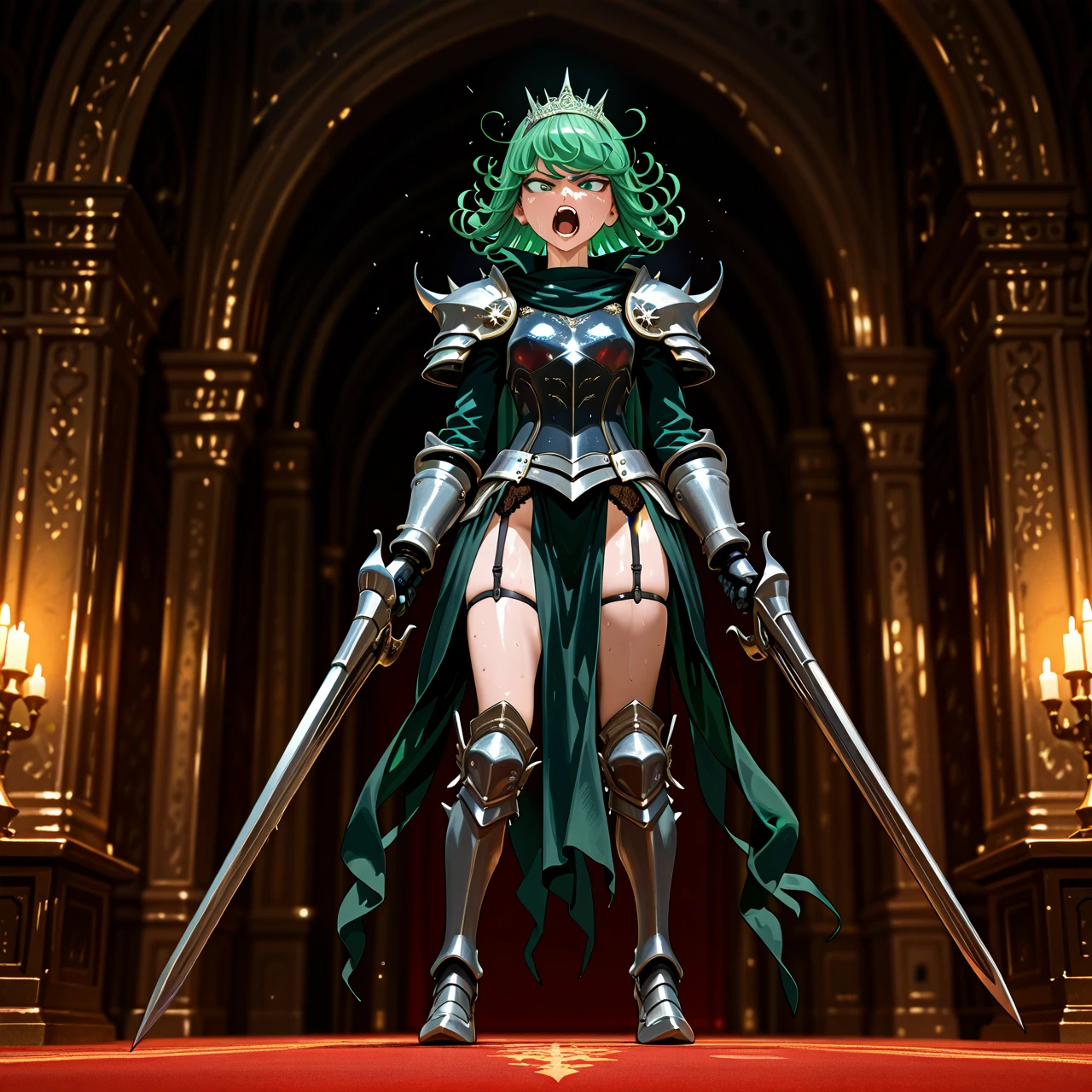 @tatsumaki ,  , in castle , nude ,in fantasy armour, hyper-realistic, realistic faces, realistic eyes, very detailed, high resolution, extreme detail, (skinny) slim, detailed face, full body foto, (angry), (screaming), sweating,  Knight's Armor, The tiara, the armored lifter, knight's greaves, iron gloves, iron thongs, The long green cloak, , high iron boots, (dual_wielding) garter belt, the iron corset, (breastplate) iron greaves, (arm_up) the iron skirt