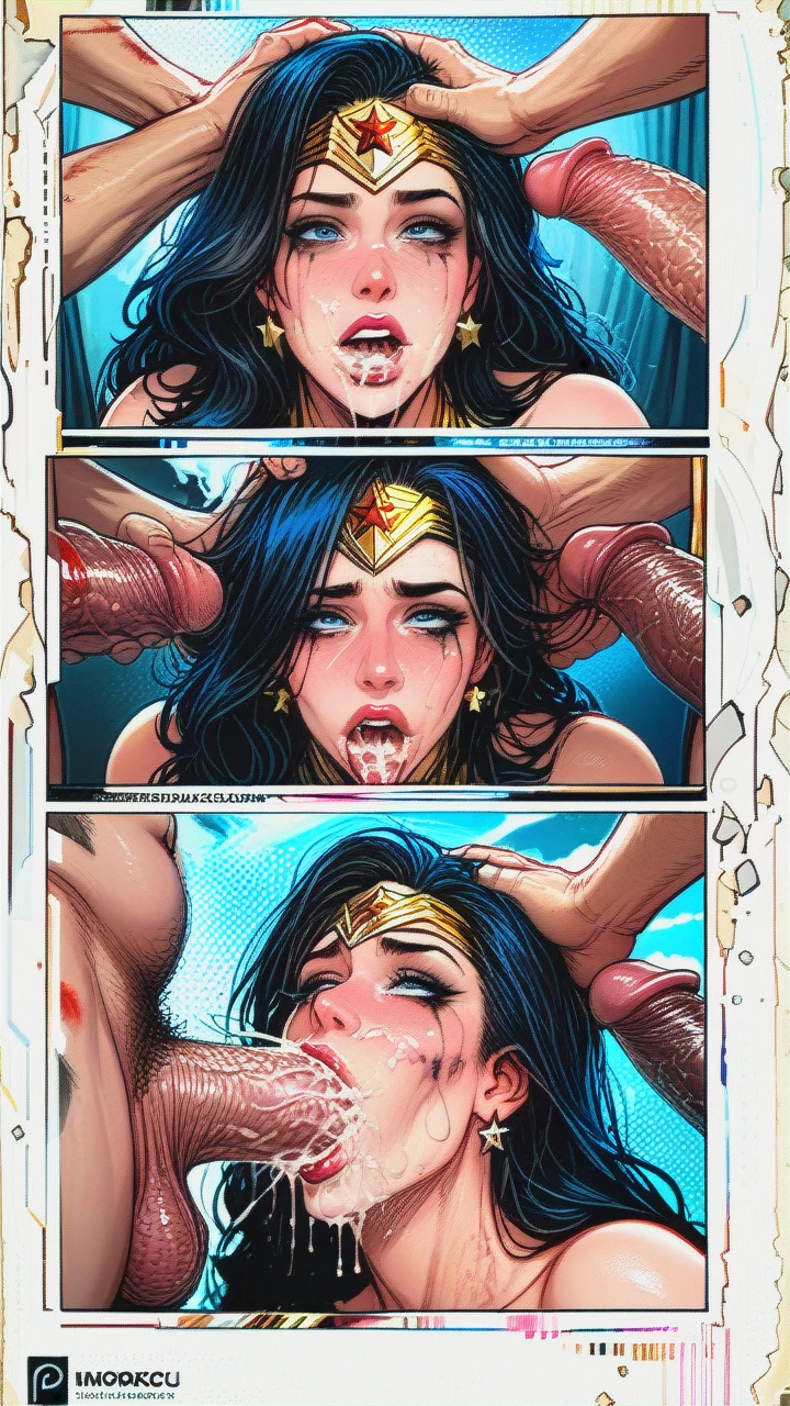 wonder woman, full costume, deepthroat, cum in mouth, cum on face, cum overflow, lipstick marks, runny makeup, head held down, head pressed into crotch, eyes rolling, extreme massive bulging hyper penis, interracial, black man, blowbang, comic book panels