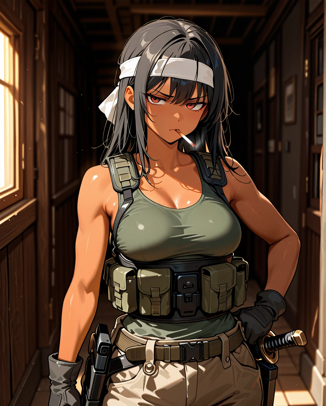 Very well trained, tan skin, medium breasts, straight black hair, lighting a cigarette, olivegreen tank top, armored vest, military gloves, holstered sword on hip, sweater around hip, military pants, headband, (annoyed), (upper_body)