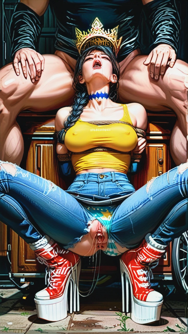 1girl,1boy, a girl with a man, breast_grab, orgasm_torture, spit_on anus,cock_on cheek, double_vaginal,legs_apart,round_tits,microwaist,deep_in throat, yellow_tank top,legwarmers,crown,bodysuit,sneakers, red_skirt,blue_choker,braid_petite,stiletto_heels, torn_jeans,black_gloves,print_panties,platform_heels, painful_shibari, detailed_image, bright-lit