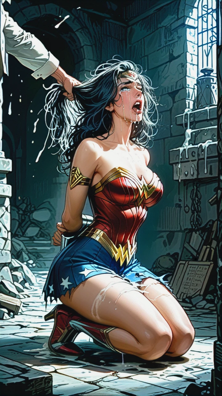 Wonder woman, (clothes ripped), kneeling, arms behind back, open mouth, cumshot, messy hair, crying hysterically, hair pulling, large cock ejaculating extremely massive facial cumshot, black and white, dungeon, The whole body is visible, in full height