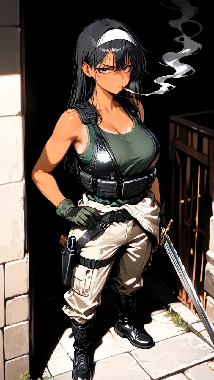 Well trained, tan skin, straight black hair, smoking cigarette, olivegreen tank top, armored vest, military gloves, holstered sword, sweater around hip, military pants and boots, headband, (annoyed)